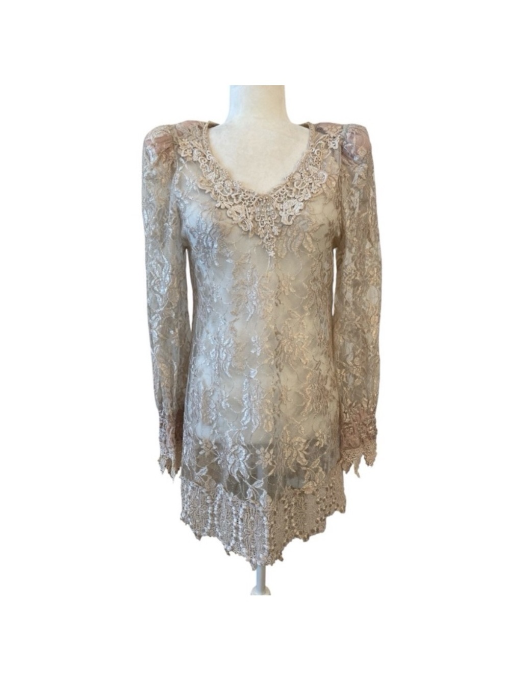 Vintage Womens Sheer Lace Puff Shoulder Long Sleeve Short Dress